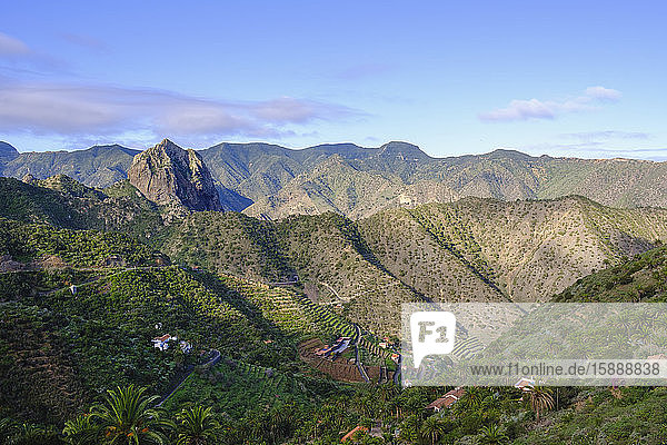 Spain  Province of Santa Cruz de Tenerife  Vallehermoso  Mountain village and Roque Cano rock formation