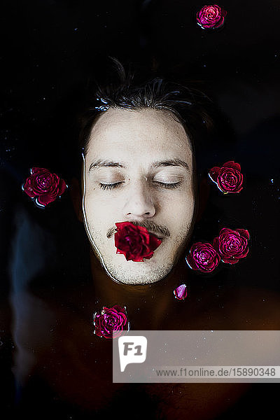Bildnis eines jungen Mannes mit einer roten Rose im Mund  die im Wasser schwimmt