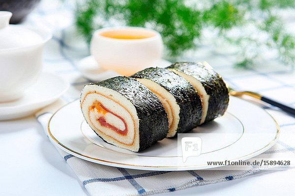 Delicious sushi hot drinks tea in the afternoon