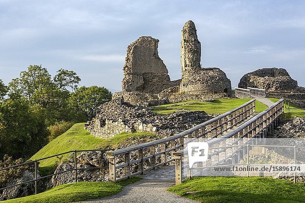 Ruins of Montgomery castle Montgomery Powys Wales United Kingdom. Defensive structures on the site of the castle were first built in the 11th century.