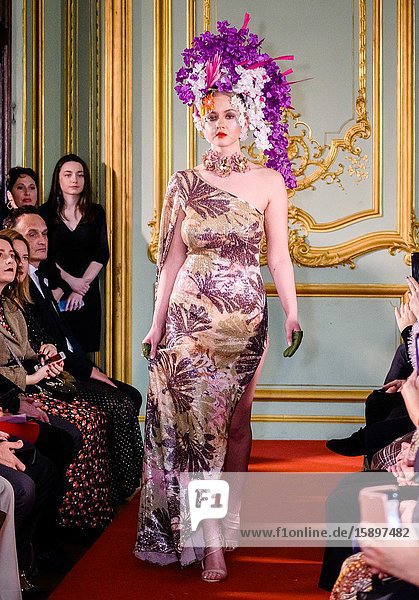 PARIS  FRANCE - FEBRUARY 26: A model walks the runway during the Romanian designers collective show wearing the designs of Catalin Botezatu as part of Paris Fashion Week on February 26  2020 in Paris  France. (Photo by Ahmed Hadjouti)