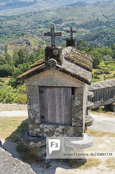 Traditional Espigueiros, Granary, Soajo village, Peneda Geres National Park, Minho province, Portugal.