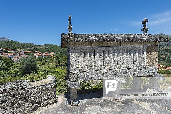 Traditional Espigueiros, Granary, Soajo village, Peneda Geres National Park, Minho province, Portugal.