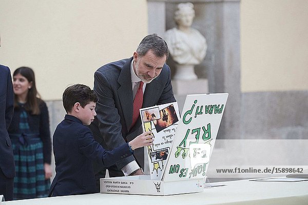 King Felipe VI of Spain attends 38th edition of the school contest ‘What is a King for you?’ at El Pardo Royal Palace on March 9 2020 in Madrid Spain