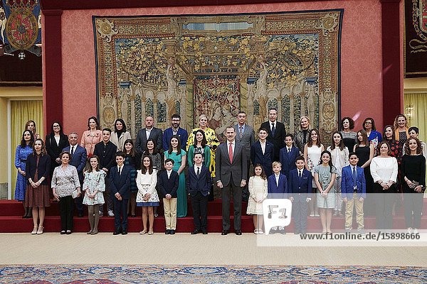 King Felipe VI of Spain attends 38th edition of the school contest ‘What is a King for you?’ at El Pardo Royal Palace on March 9 2020 in Madrid Spain
