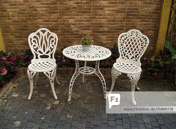 Metal table and chairs Eurana Hotel Chiang Mai Thailand.