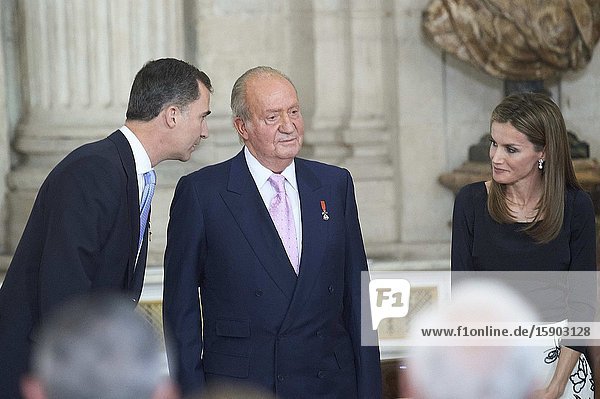 Prince Felipe of Spain Princess Letizia of Spain Princess Leonor Princess Sofia Queen Sofia of Spain Princess Elena Froilan attended the King Juan Carlos of Spain signs the Act of Abdication at the Royal Palace on June 18 2014 in Spain. King Juan Carlos of Spain is abdicating the throne after a 39 year reign and hands the throne to his son Prince Felipe of Spain who will be sworn on June 19 2014 ahead of a joint session of parliament. King Felipe VI has decided to renounce the inheritance of King Juan Carlos of Spain ‘that could personally correspond to him ’ announced this Sunday the Casa del Rey in a statement in which he also advances that King Juan Carlos of Spain stops receiving the assignment he has fixed in the Budgets of the House of SM the king.