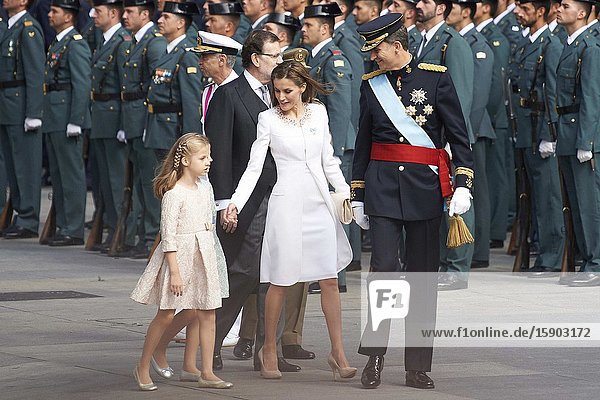 King Felipe VI of Spain Queen Letizia of Spain Princess of Asturias Leonor and Princess Sofia arrives to Congress for the crowing on June 19 2014 ahead of a joint session of parliament.