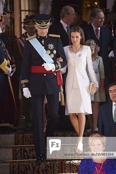 King Felipe VI of Spain Queen Letizia of Spain Princess of Asturias Leonor and Princess Sofia attends a Military Parade at the Congress for the crowing on June 19 2014 ahead of a joint session of parliament.