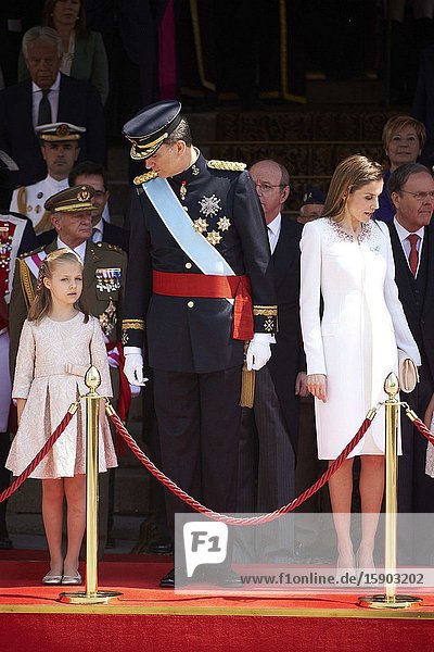 King Felipe VI of Spain Queen Letizia of Spain Princess of Asturias Leonor and Princess Sofia attends a Military Parade at the Congress for the crowing on June 19 2014 ahead of a joint session of parliament.