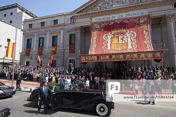 King Felipe VI of Spain Queen Letizia of Spain Princess of Asturias Leonor and Princess Sofia attends a Military Parade at the Congress for the crowing on June 19 2014 ahead of a joint session of parliament.
