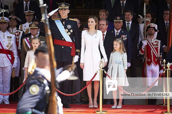 King Felipe VI of Spain Queen Letizia of Spain Princess of Asturias Leonor and Princess Sofia attends a Military Parade at the Congress for the crowing on June 19 2014 ahead of a joint session of parliament.