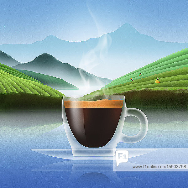 Glas Espressokaffee in Plantagenlandschaft