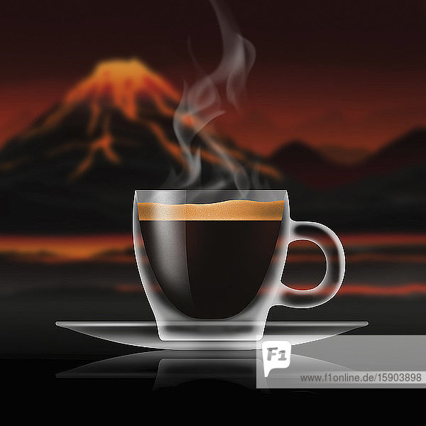 Glas Espressokaffee in vulkanischer Landschaft