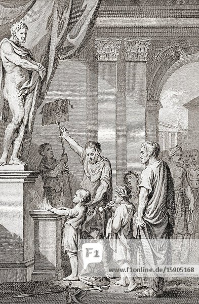 The child Hannibal Barca 247- circa 183 BC swears to his father Hamilcar Barca circa 275-228 BC that he will never be a friend of Rome's.