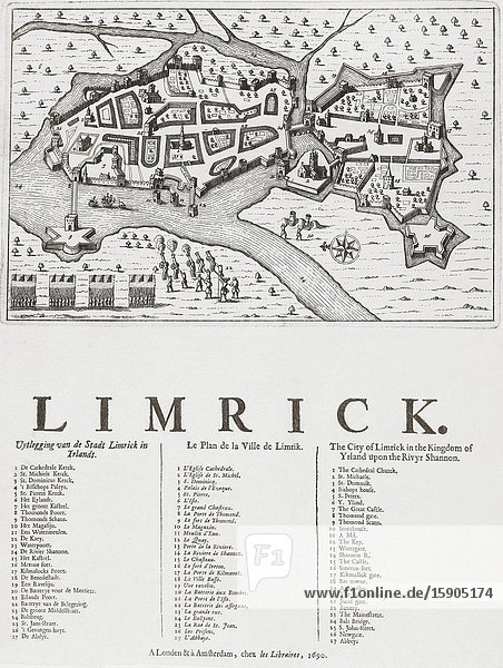 Map of Limerick Ireland dating from 1690 and showing the forces of William III besieging the city during the Williamite War of 1689-1691.