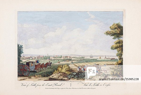 View of Leith from the east road. After an 18th century work by Paul Sandby. Later colourization. Leith Scotland.