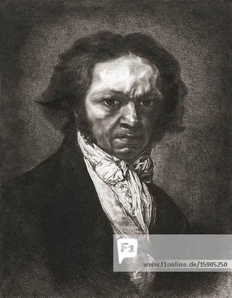 Portrait of Francisco de Goya. Francisco José de Goya y Lucientes 1746 - 1828. Spanish painter and printmaker. After an etching by Spanish artist Rogelio de Egusquiza y Barrena 1845-1915.