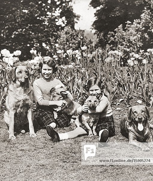 EDITORIAL Princess Elizabeth left and Princess Margaret with their pets Royal Lodge Windsor England. Princess Elizabeth of York future Elizabeth II born 1926. Queen of the United Kingdom. Princess Margaret Rose future Countess of Snowden 1930-2002. Younger daughter of King George VI and Queen Elizabeth of the United Kingdom and sister of Queen Elizabeth II. From The Coronation Souvenir Book published 1937.