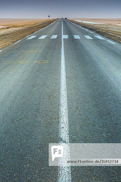 Road in Chott el Djerid salt lake. Tunisia Africa.