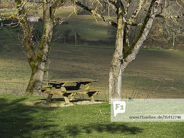 Picnic table and bare trees Tourtres Lot-et-Garonne Department Nouvelle Aquitaine France.