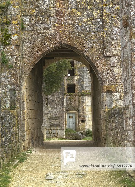 Bridge over former moat at medieval fortified village of Larressingle Gers Department Nouvelle Aquitaine France.