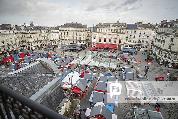 Angers Loire valley France on December 26 2019: Aerial view of Christmas market at Place du Ralliement.