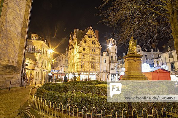 Angers Loire valley France on December 26 2019. Adams house Oldest half-timbering house of Angers. Ste Croix square.