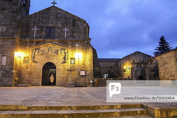 The historical and monumental center of the capital of Albarino wine Cambados Fefinanes Square. San Benito church by night.