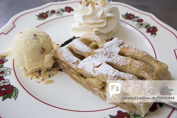Traditional apple strudel with ice cream in Germany.