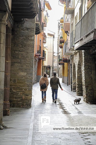 La Seu d Urgell in Alto Urgell Pyrenees mountains Catalonia Spain. Old arcades at main street.