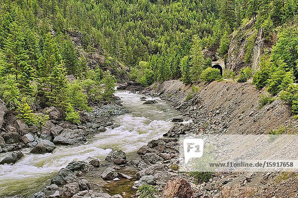 Tulameen River north of Princeton with Trans-Canada hiking and biking trail (site of former Kettle Valley Railway) British Columbia Canada.