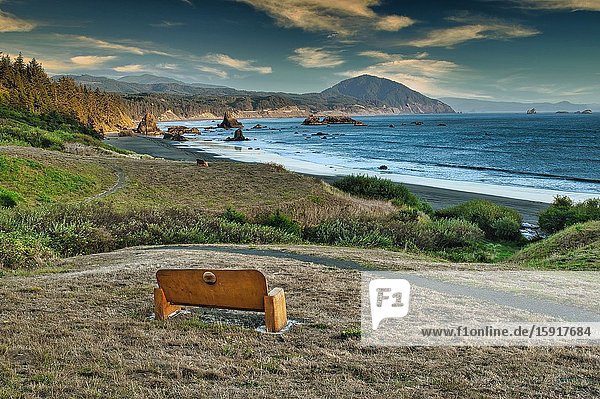Park bench and Pacific Coast at Port Orford Oregon USA.