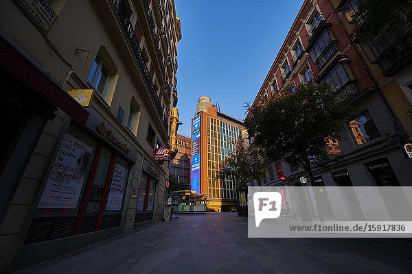Preciado Street with El Corte Ingles Building during the confinement due to the national emergency caused by Covid-19 on April 12 2020 in Madrid Spain.The day before workers on Spain they return theirs non-essential works