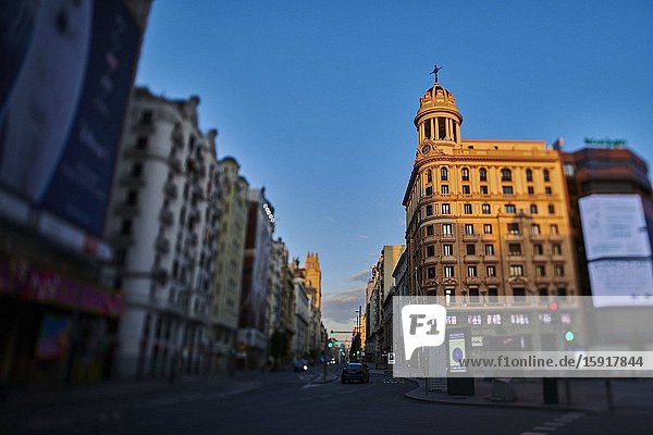 Callao Square and Gran Via Street during the confinement due to the national emergency caused by Covid-19 on April 12 2020 in Madrid Spain.The day before workers on Spain they return theirs non-essential works