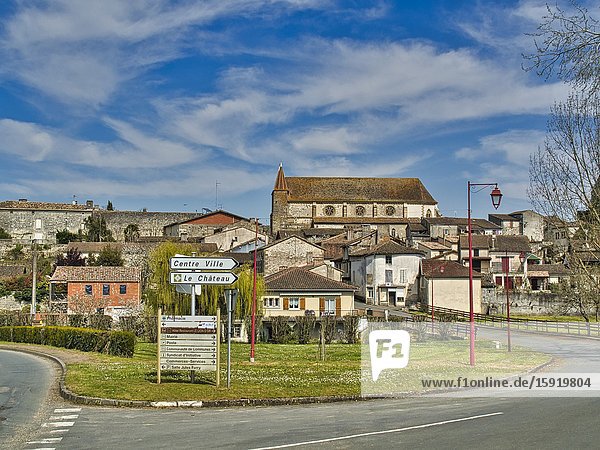 View of village from the west with Eglise Saint Etienne Lauzun Lot-et-Garonne Department Nouvelle Aquitaine France.