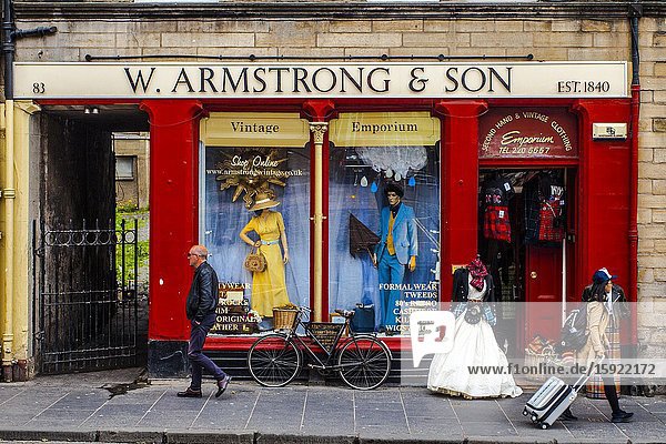 Second-hand and vintage clothing store On the Corner of West Bow and Grassmarket Old Town Edinburgh Scotland United Kingdom Europe.