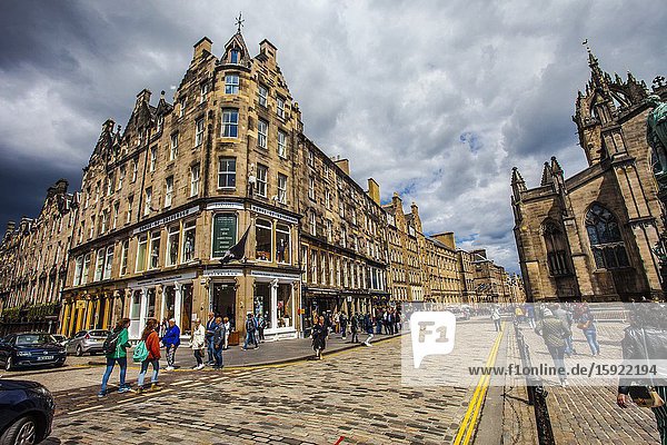At right St Giles Cathedral High street Royal Mile Old Town Edinburgh Scotland United Kingdom Europe.