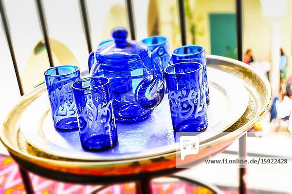 Tray with a tea service in a restaurant. Tunis city. Tunisia Africa.