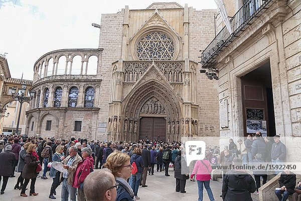 Square of Saint Mary's Plaza de la Virgen with the cathedral in Valencia in Spain Tribunal de las Aguas ceremony on March 10 2016.