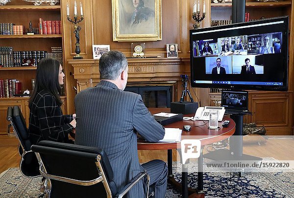 King Felipe VI of Spain Queen Letizia of Spain attend a video conference at Zarzuela Palace on April 20 2020 in Madrid Spain