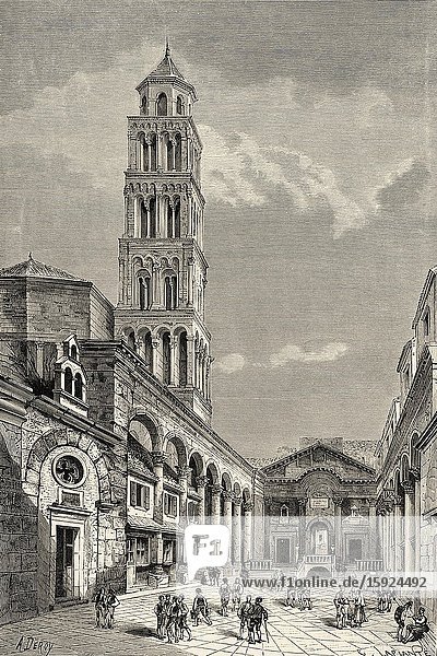 View of Cathedral square with the cathedral  bell tower and peristyle of the ancient Diocletian palace  Split  Croatia  Europe. Old engraving illustration Trip to Istria & Dalmatia 1874 by Charles Yriarte.