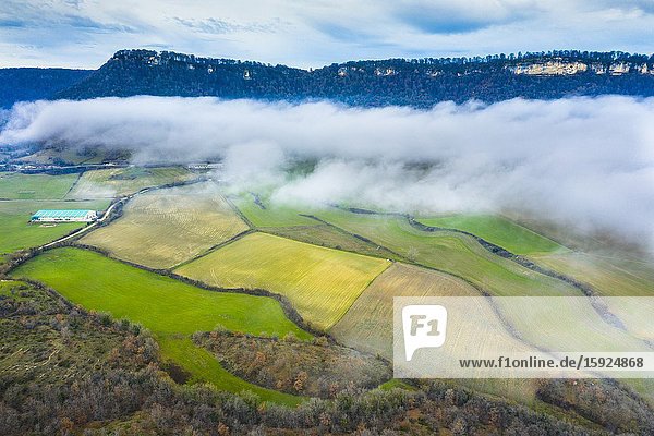 Meadows area and fog. Aerial view. Aranarache area. Navarre Spain Europe.