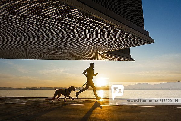 Santander Cantabria Spain. Jogger with dog at sunrise under Centro Botín art gallery designed by Pritzker Prize-winner architect Renzo Piano.