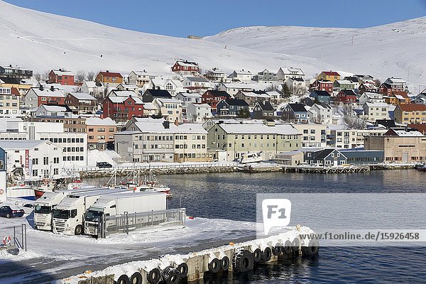 Honningsvag is the northernmost city of Norway. Nordkapp municipality Finnmark county. Norway.