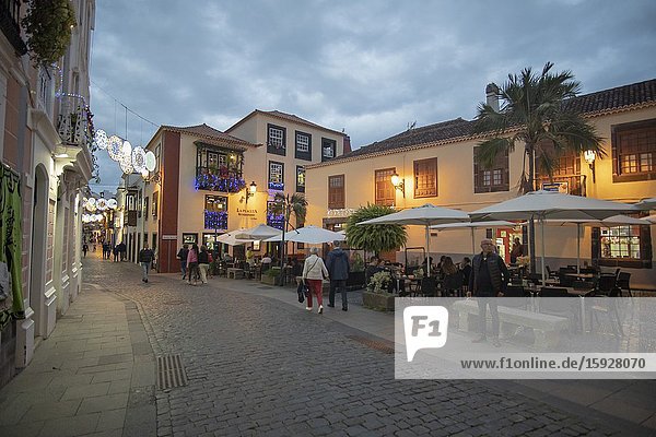 Santa Cruz de la Palma in La Palma island Canary islands Spain on December 11 2019: Christmas lights in the colonial city with Canarian balconies.
