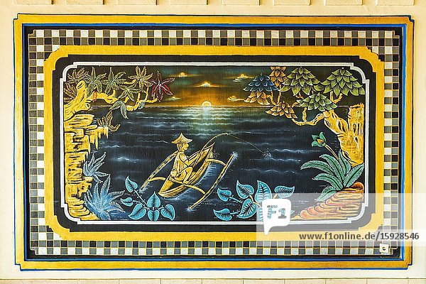 Painting of a Balinese fisherman at Tanah Lot Temple Bali Indonesia.