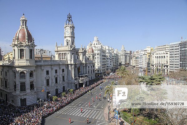 The city Hall square during the celebration of the Mascleta Valencia Spain.