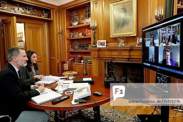 King Felipe VI of Spain Queen Letizia of Spain attends videoconference with major national and international leaders in Spanish society at Zarzuela Palace on April 29 2020 in Madrid Spain.Rafa Nadal Isabel Coixet Antonio Banderas Maria Blasco Valentin Fuster Edurne Pasaban Fernando Alonso