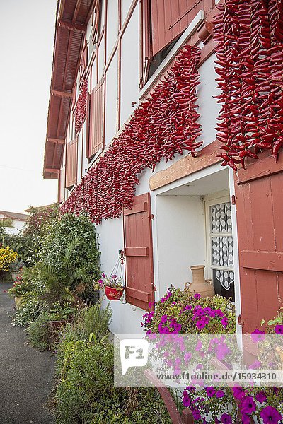 Espelette village in French Basque country house walls are traditionally decorated with Red Pappers. Labourd Atlantic Pyrenees Aquitaine France.